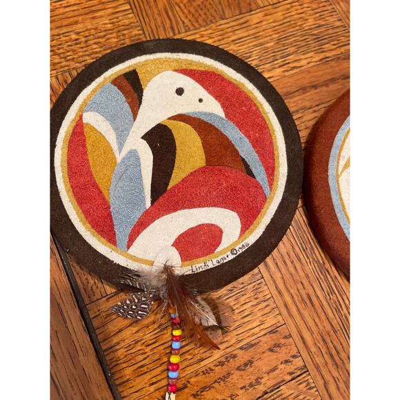 Native American signed by artist hand painted drum wall hangings set of 3 - Picture 4 of 7